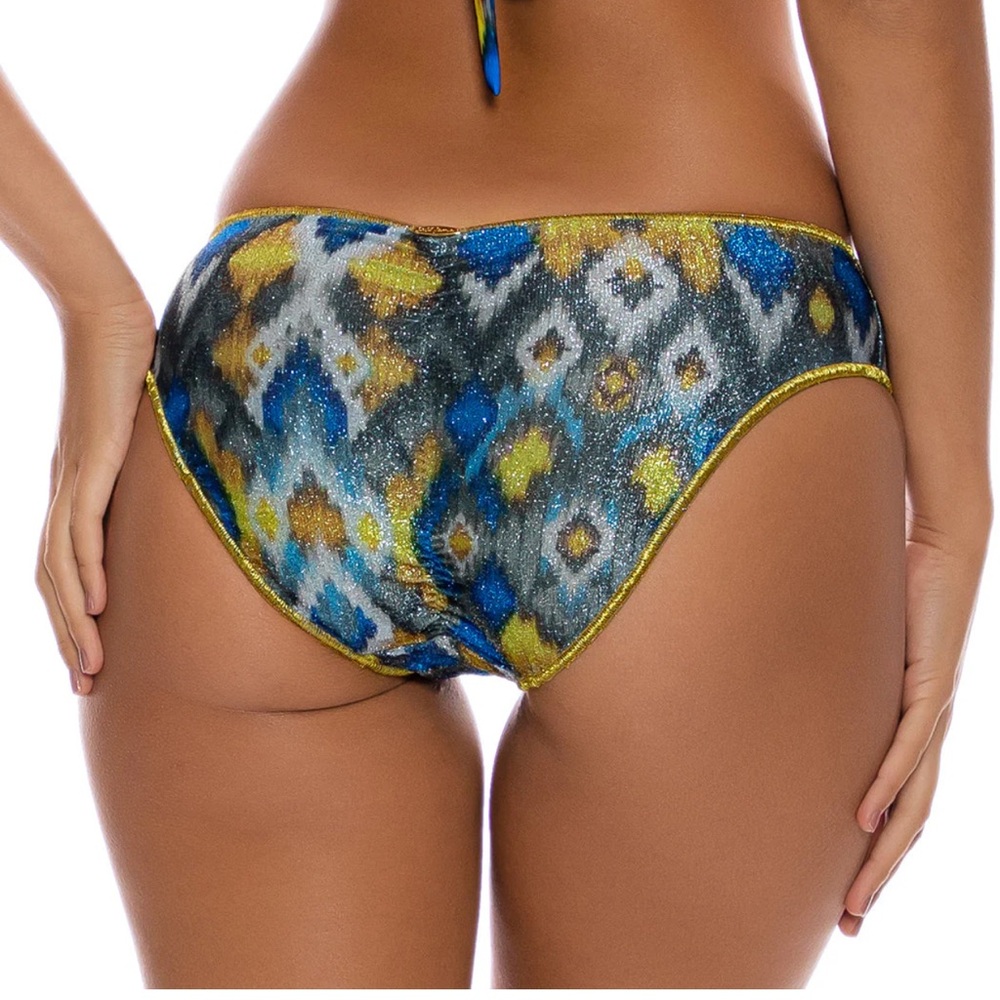 Luli Fama Blue Gold Bikini Swimwear Luxe Stitch Full Ruched Back Bottom large
